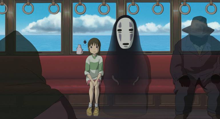 A girl and ghost sit on a train