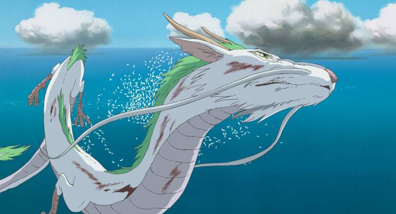Injured white dragon flying above the ocean