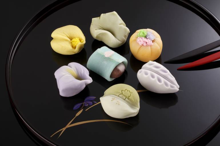 Japanese traditional confectionery cake wagashi on plate