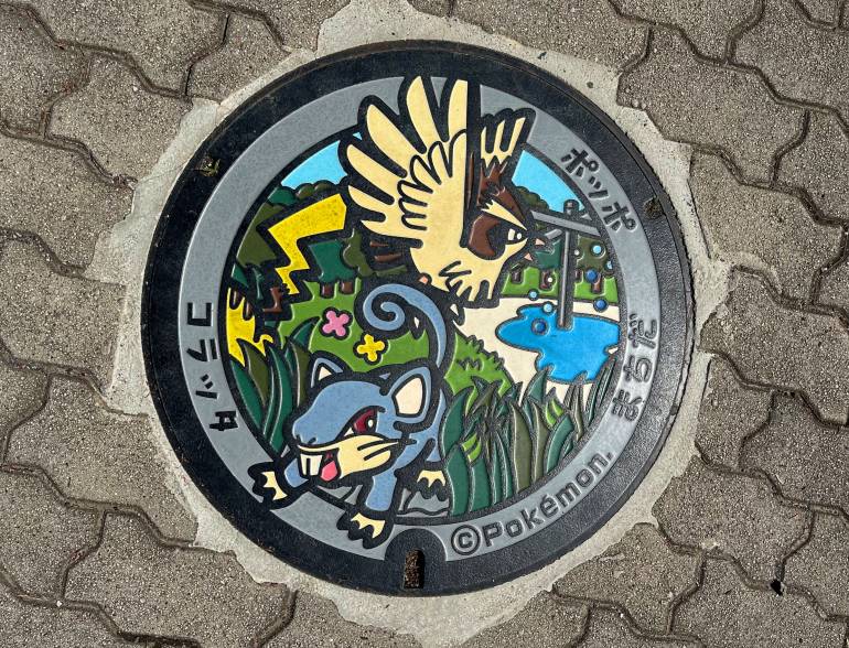 Manhole cover with rat and bird Pokémon