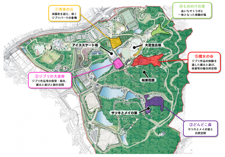 Ghibli park map with 5 locations in Japanese